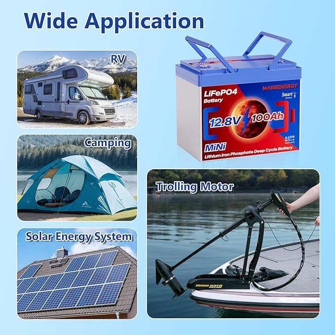 12V 100Ah Lifepo4 Battery, Bci Group 24, Built-In 100A Smart BMS, 4500 To 15000 Deep Cycle Grade A Cells Lithium Battery For Rv, Trolling Motor, Marine, Home Energy Storage, Solar Panel System (BT1PC)