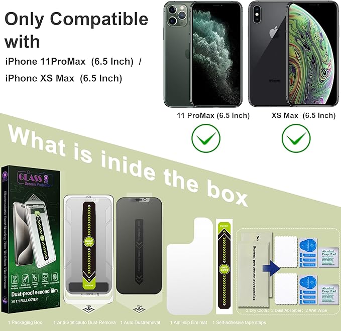 (2-Pack Matte Privacy Anti-Spy Screen Protector for iPhone 11 Pro Max/XS Max (6.5-Inch),9H Tempered Glass,Anti-Glare,Full Coverage,Anti-Fingerprint,Auto Dust Removal,Bubble-Free