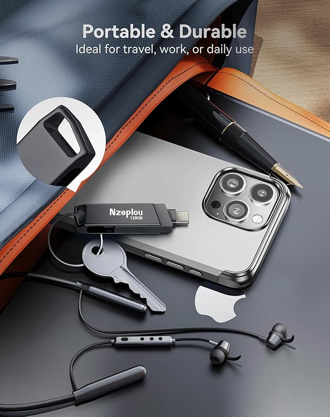 128GB Flash Drive for iPhone iPad, USB3.0 High-Speed Memory Stick No App Needed, Lightening & USB-C External Memory Storage for Photos Videos, Picture Backup Thumb Drive Plug & Play (Space Gray)