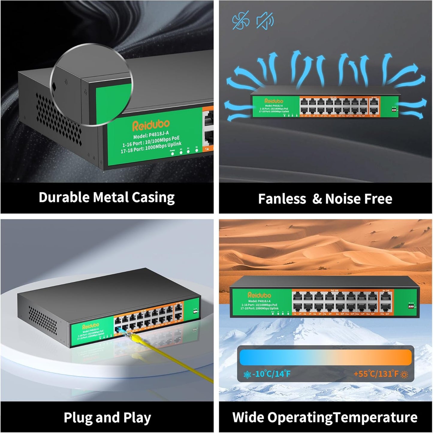 16 Port PoE Switch, 16 PoE+ 100Mbps Ports with 2 Gigabit Uplink, 300W Built-in Power, Support IEEE802.3af/at, Fanless, Rack Mount, Unmanaged Plug and Play Network Switch