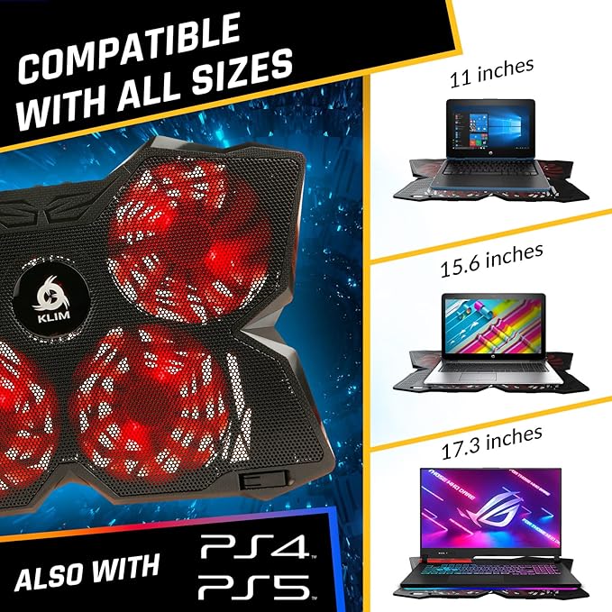 KLIM Wind Laptop Cooling Pad - More Than 500 000 Units Sold - New - The Most Powerful Rapid Action Cooling Fan - Laptop Stand with 4 Fans at 1200 RPM - USB - PS5 PS4 - Red