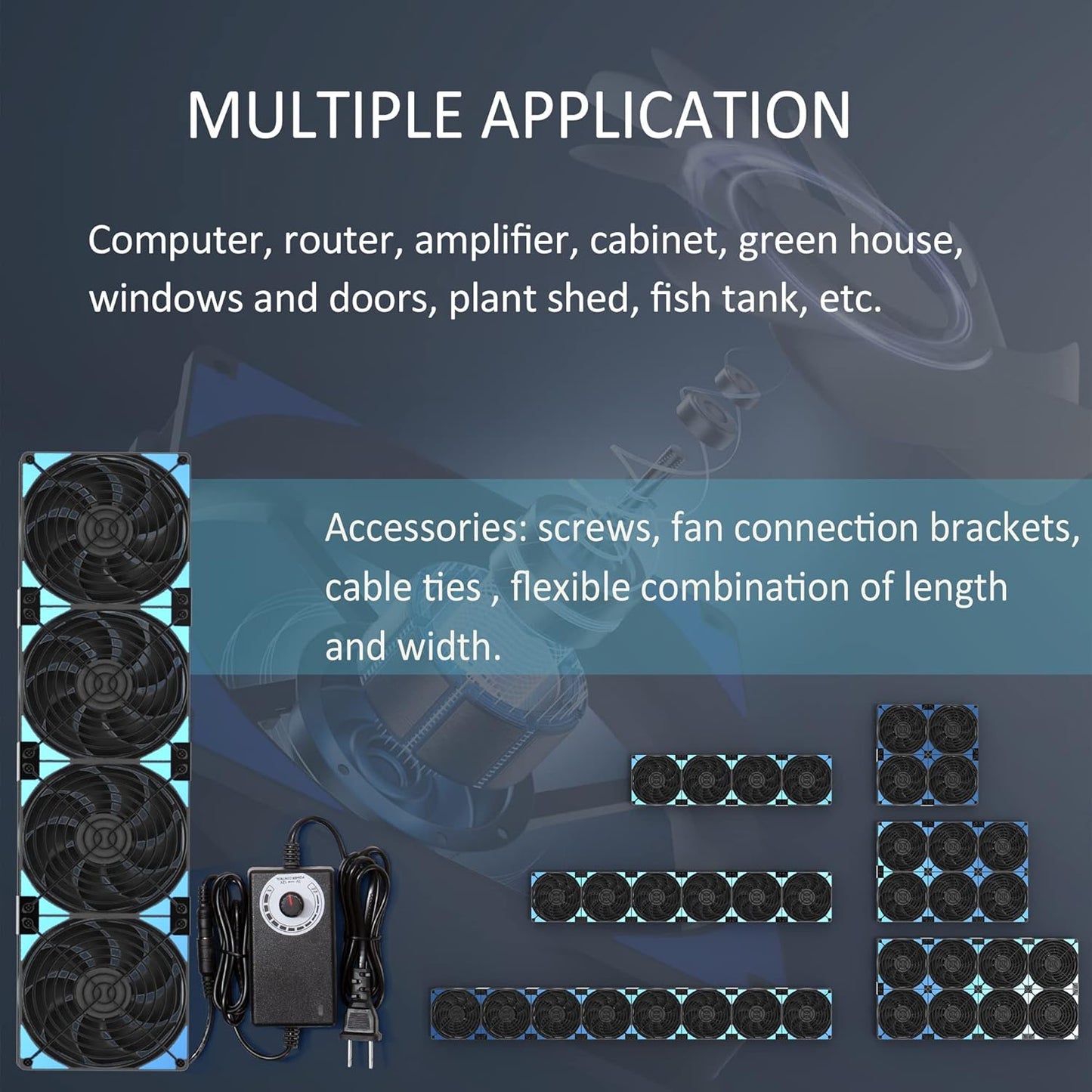 120mmx4 480mm Adjustable Computer PC Vent Fans 3-12V Speed Controller for Flexible Arrange Chicken Coop Rack Space Window Wall Cabinet Server Mining Rig Exhaust Cooling