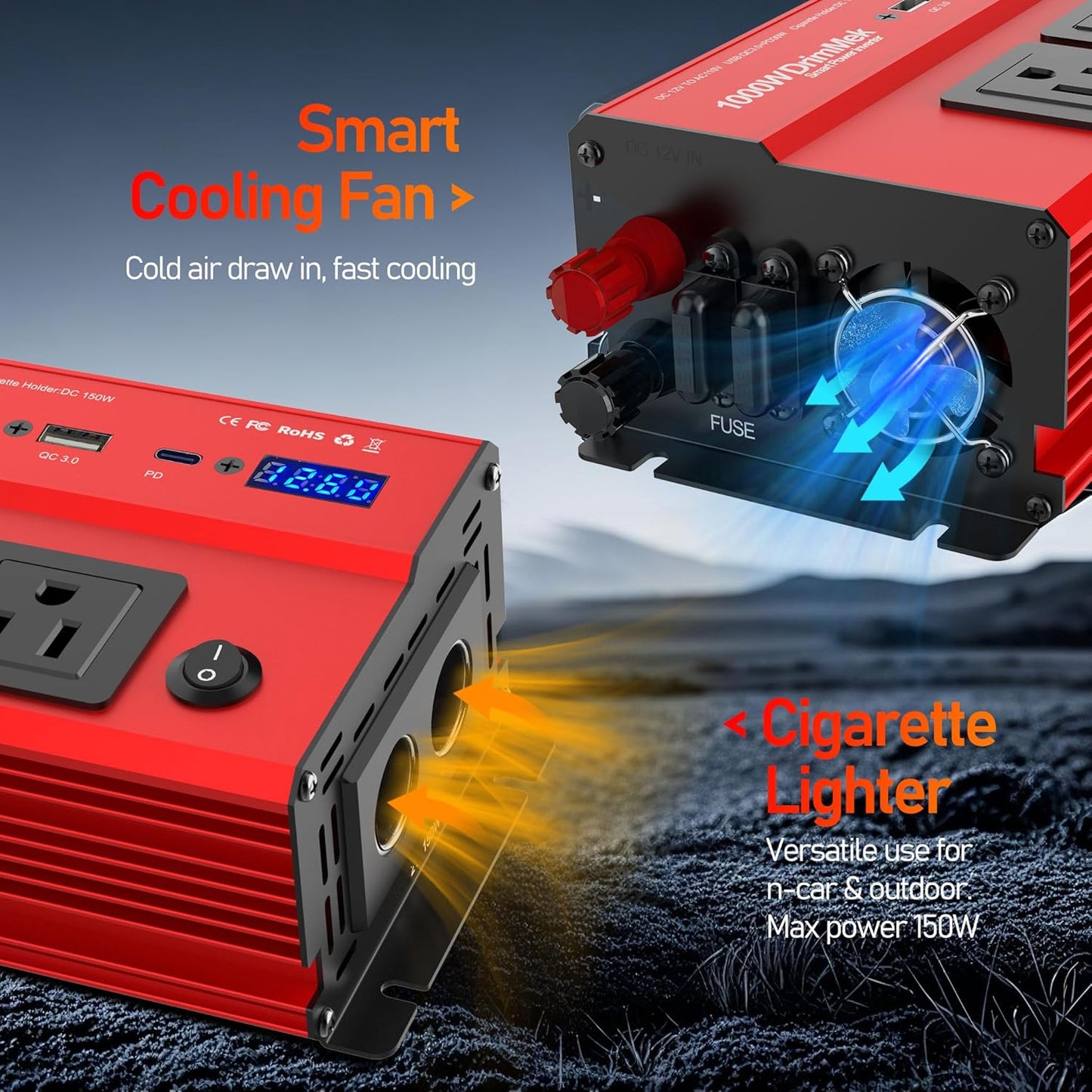 1000 Watt Power Inverters 12v to 110v for Vehicles - with Dual AC Outlets, 1000w Inverter with 3.0A USB and Type-C, 12v Inverter car Cigarette Lighter Battery for/Truck/RV/Emergency