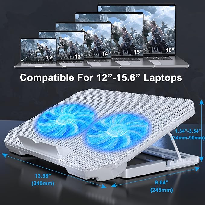 Laptop Cooling Pad with Adjustable Height Two 5.1 Inches Fan 2 USB Ports Suitable for 12"-15.6" Laptops(White)