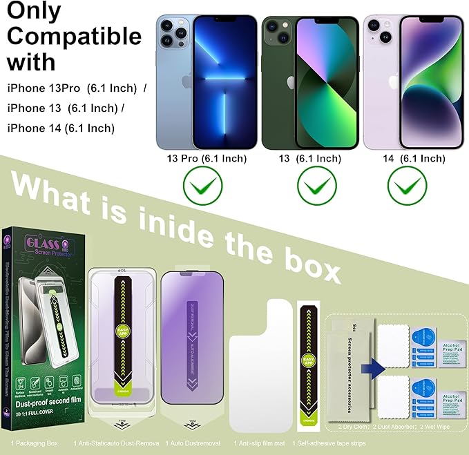 (2-Pack Anti Blue Light Matte Screen Protector for iPhone 16e/13/13 Pro/14 (6.1-Inch),9H Tempered Glass,Anti-Glare,Full Coverage,Anti-Fingerprint,Auto Dust Removal,Bubble-Free