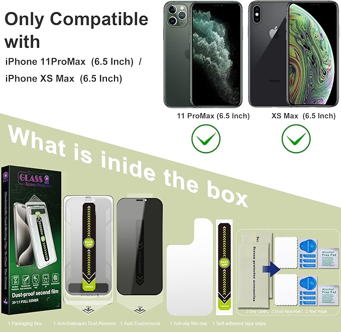 (2-Pack Anti-Spy Privacy Screen Protector for iPhone 11 Pro Max/XS Max(6.5-Inch),9H Tempered Glass,Full Coverage,Anti-Fingerprint,Auto Dust Removal,Bubble-Free,Easy Installation