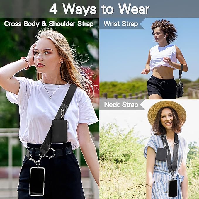 kullder Clip and Go Phone Strap Crossbody with Zipper Wallet, 2 Pcs-Crossbody Lanyard & Wrist Strap-1 Pad, 2 Wallets, Save Girls Phone Strap with Pouch, Universal Lanyard Cellphone Holder (Black)