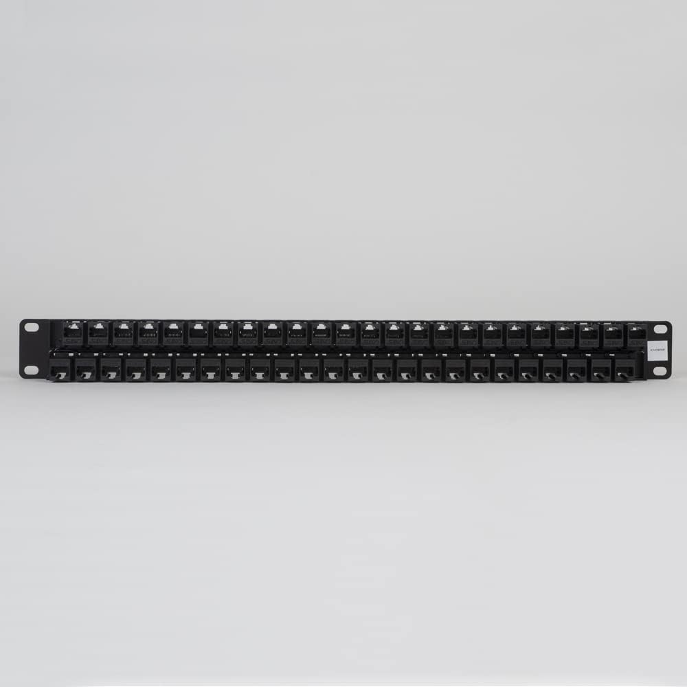 ICC CAT5e Feed-Through Patch Panel, 48 Port, 1U Rackmount, RJ45 Ethernet Patch Panel, No Punch Down, PoE++ and TAA Compliant, Black