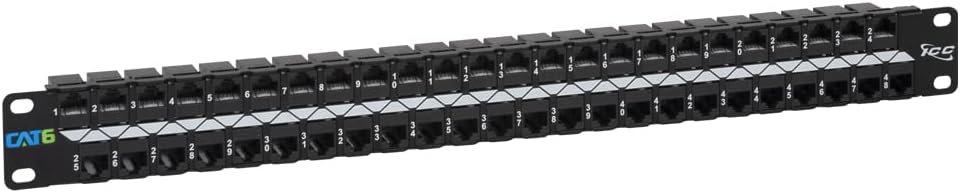 ICC CAT6 Feed-Through Patch Panel, 48 Port, 1U Rackmount, RJ45 Ethernet Patch Panel, No Punch Down, PoE++ and TAA Compliant, Black