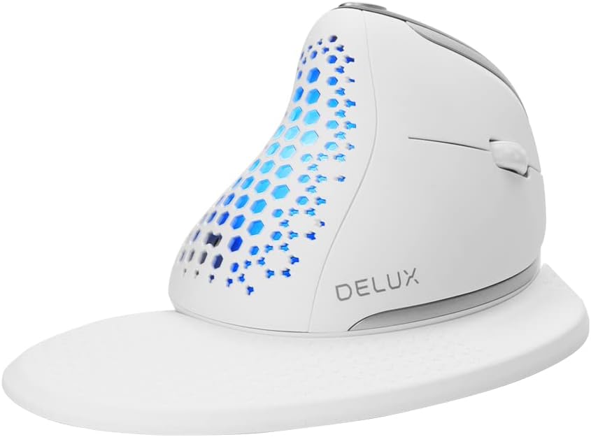 DeLUX Seeker Wireless Ergonomic Vertical Mouse with OLED Screen, BT and USB Receiver, Connect with Up to 4 Devices, Thumb Wheel, 4000DPI, Programmable Rechargeable Optical Mouse(M618XSD-White)