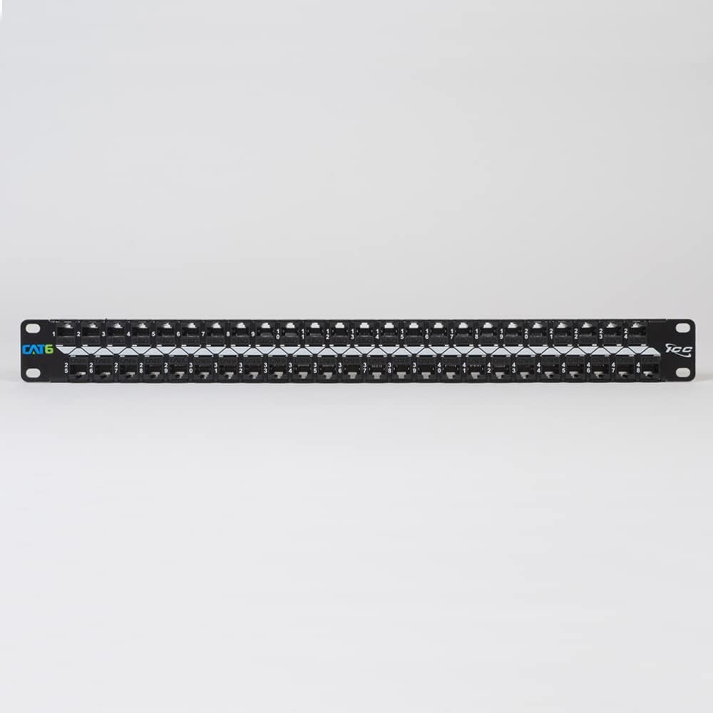 ICC CAT6 Feed-Through Patch Panel, 48 Port, 1U Rackmount, RJ45 Ethernet Patch Panel, No Punch Down, PoE++ and TAA Compliant, Black