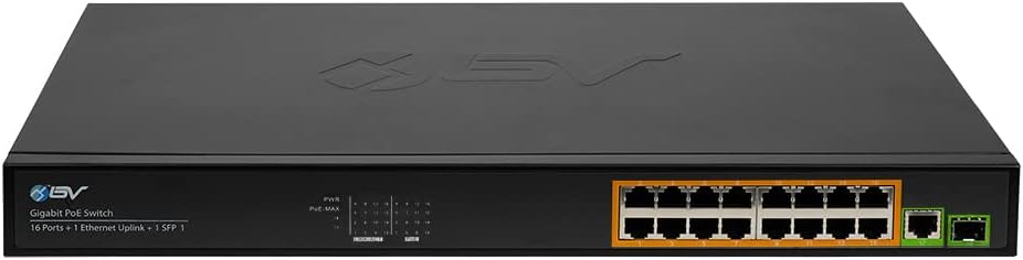 BV-Tech 16 Ports PoE+ Switch (16 Gigabit Ethernet Ports | 1 Ethernet +1 SFP Uplink) -230W - Fanless Desktop Design, Sturdy Metal Housing - 802.3af/at