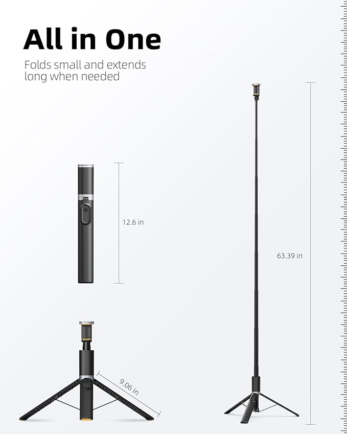 TODI 63" Cell Phone Selfie Stick Tripod, Portable Tripod for iPhone with Wireless Remote, Extendable Smartphone Stand, All-in-1, Compatible with iPhone/Android