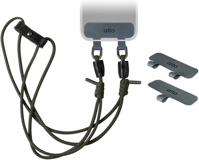 alto Crossbody Phone Lanyard: Detachable Patch, Nylon Strap with Italian Leather pad, for iPhone and Android Full Body Phone Cases (Plaid Green)