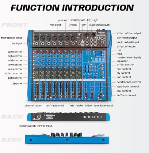Professional Audio Mixer, 8 Channel, Input 48V Phantom Power Stereo Digital USB Bluetooth MP3 Computer Input, Build-in 16 Effect DSP, for Recording, Live Streaming, Podcasting MG80S