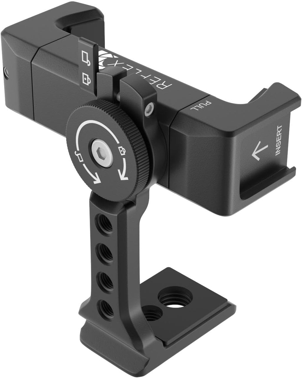 REFLEX CAMERA Metal Mobile Phone Tripod Mount, 360° Rotatable with Cold Shoe Mount, Universal Smartphone Attachment Clamp, 1/4" & 3/8" Mounting Screw Holes, Arca Swiss compatible Base Plate for iPhone