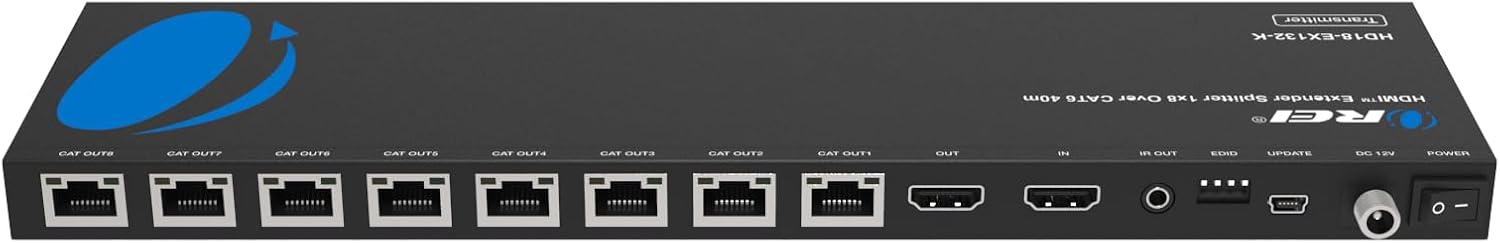 OREI HDMI Extender Splitter 1 in 8 Out Over CAT6/7 Cable 4K@30Hz with EDID Management - Up to 132 Ft - Loop Out - IR Control - Low Latency