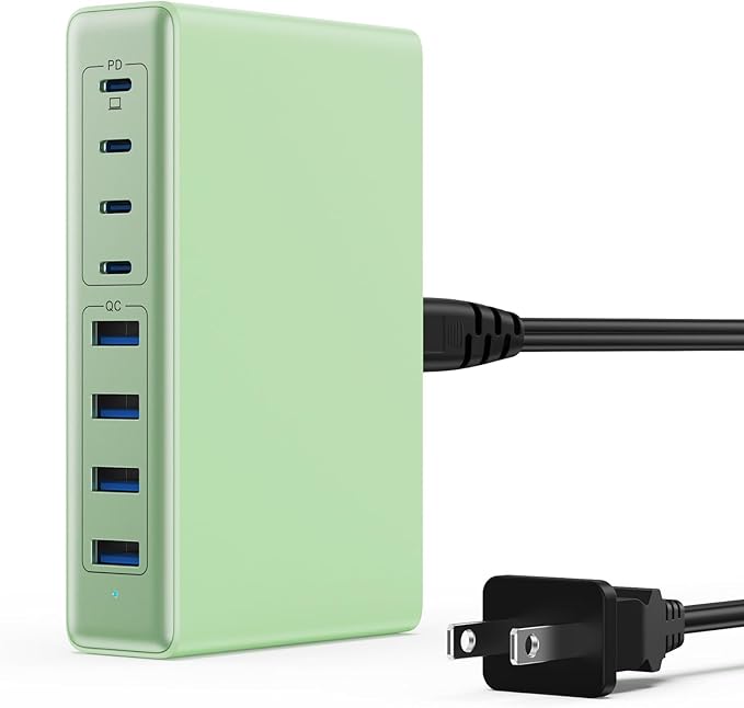 105W USB C Charger Block,8-Ports GaN III Fast Charging Station Hub,QC4.0+PD 65W Laptop Charger Wall Chargers Power Adapter for MacBook Pro/Air,DELL,Steam Desk,iPhone 16/15,iPad,Galaxy S25,Pixel-Green