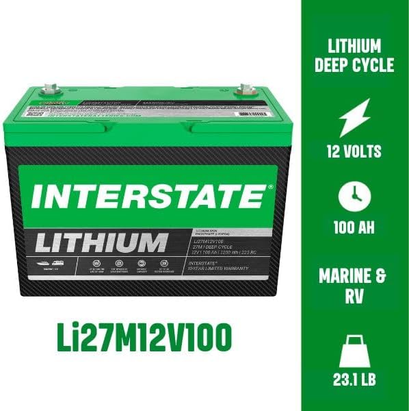 Interstate Batteries 12V 100Ah Group Size 27M Lithium Marine/RV Deep Cycle LiFePO4 Battery, Maintenance Free, Lightweight, Ideal For Boats, RV Camping, Off-Grid, Yachts (Li27M12V100)