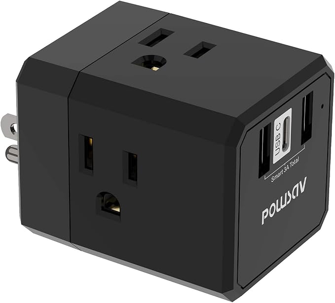 Cruise Ship Essentials, 3-Side Outlet Splitter with 3 USB Ports(1 USB C) USB Wall Charger, Outlet Extender for Home, Office and Cruise, ETL Listed, Black
