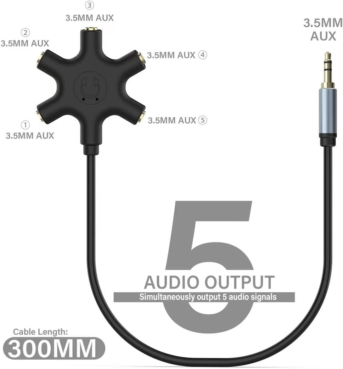 Multi Headphone Audio Splitter, 5-Way 3.5mm Jack Stereo Headset Adapter to Connect Up to 5 Devices for Mixing, Shared Experiences - for iPhone, iPad & More