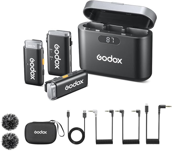 GODOX Wireless Lavalier Microphone for iPhone/Android Phone with Noise Cancellation(2 TX + 1 RX + Charging Case),Mini Mic for DSLR Cameras/PC/Live Streaming,200m/656ft,with Battery Level Display