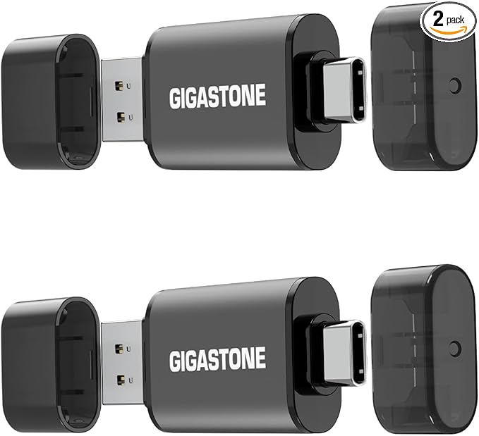 GIGASTONE 32GB Dual Flash Drive (2 Pack) Z40 USB 3.2 Gen 1, 2-in-1 Type-A & Type-C, 100MB/s Ultra Fast, Head Cap Design, Plug & Play for Smartphone/PC/Mac/TV/Car Audio, USB 2.0/3.0/3.1 Compatible