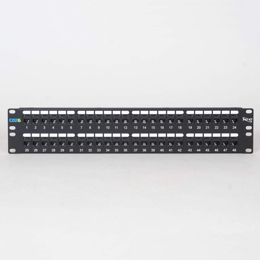 ICC CAT6 Feed-Through Patch Panel, 48 Port, 2U Rackmount, RJ45 Ethernet Patch Panel, No Punch Down, PoE++ and TAA Compliant, Black
