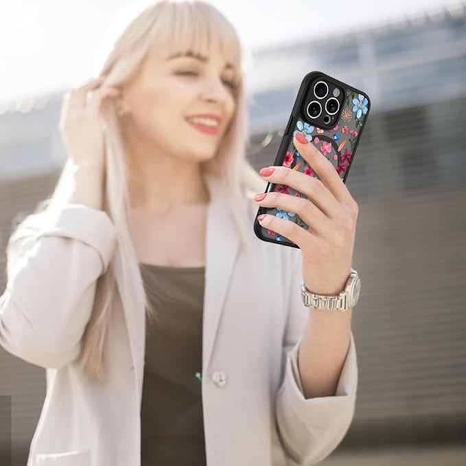 AIGOMARA Magnetic Case for iPhone 16 Pro [Compatible with MagSafe] Cute Pink Blue Flower Floral Pattern Soft TPU Bumper Hard PC Back Anti-Fall Shockproof Protective Slim Cover for Women Girls