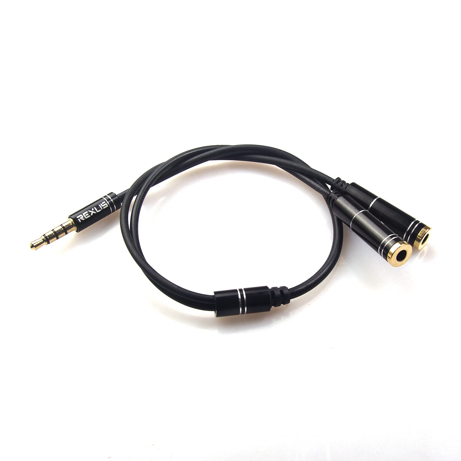 REXUS Black 3.5mm Y Splitter Stereo Audio Cable 4-Pole Male to 2 Female for Headphone, Headset Splitter Adapter Extension Aux Cable, Compatible MobilePhone and New Version Laptop(M22F35H)