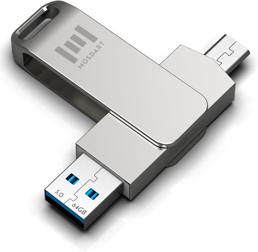 MOSDART 64GB USB3.1 Fast Speed C and A Dual Flash Drive, exFAT Memory Stick with Keychain Loop, for iPhone 15 and 16, Android Phone, iPad, MacBook, Silver