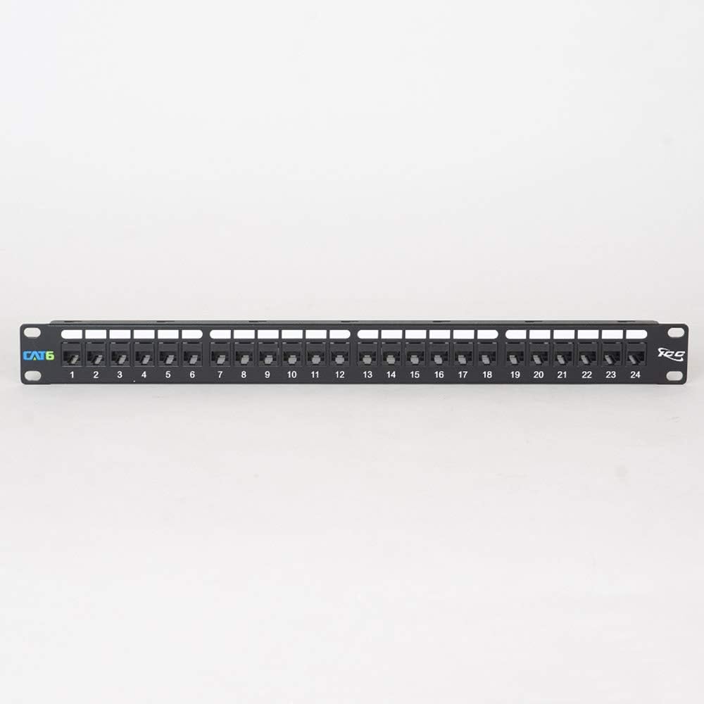 ICC CAT6 Feed-Through Patch Panel, 24 Port, 1U Rackmount, RJ45 Ethernet Patch Panel, No Punch Down, PoE++ and TAA Compliant, Black