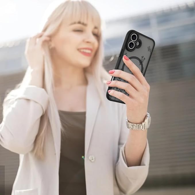 AIGOMARA Magnetic Case for iPhone 16 Plus [Compatible with MagSafe] Cute Black Flower Floral for Women Girls Soft TPU Bumper Hard PC Back Anti-Fall Shockproof Protective Slim Cover