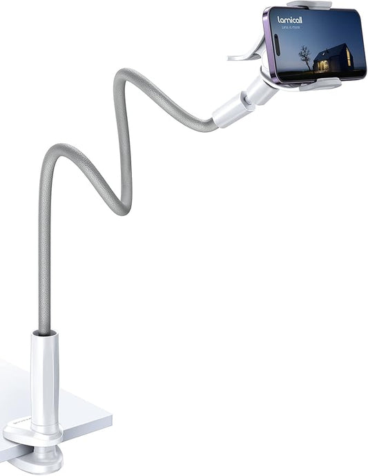 Lamicall Phone Holder Bed Gooseneck Mount, Cell Phone Clamp Clip for Desk, Flexible Long Arm Headboard Bedside Lazy Bracket, Overhead Table Stand Grey