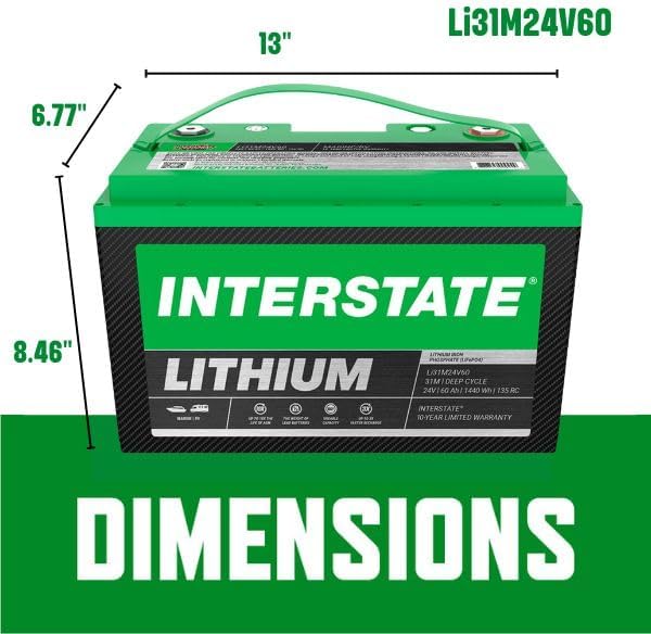 Interstate Batteries 24V 60Ah Group Size 31M Lithium Marine/RV Deep Cycle LiFePO4 Battery, Maintenance Free, Lightweight, Ideal For Boats, Trolling Motors, RV Camping, Off-Grid, Yachts (Li31M24V60)