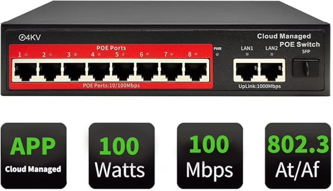 STEAMEMO 8-Port Managed PoE Switch, Easy Smart Managed, Plug and Play, Support Vlan, PoE Scheduler, Fanless, Sturdy Metal, Desktop and Wall-Mount