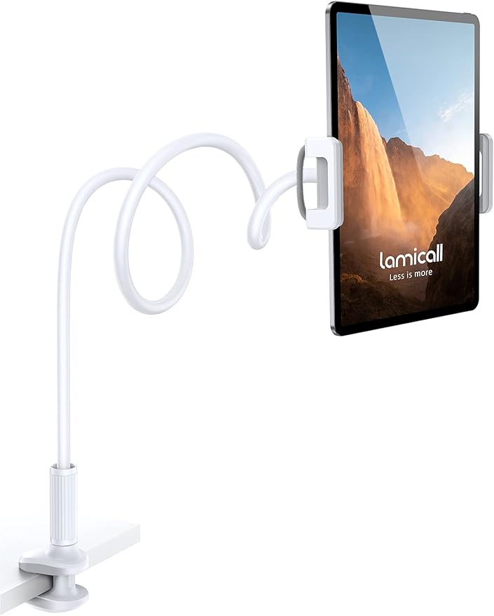 Lamicall Gooseneck Tablet Mount Holder for Bed Flexible Tablet Arm Clamp for Bed Compatible with Pad Pro 10.5, Air 9.7, Mini 7.9, Galaxy Tabs, Switch, More 4.7-11" Device - White