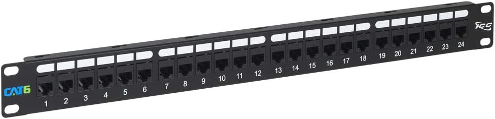 ICC CAT6 Feed-Through Patch Panel, 24 Port, 1U Rackmount, RJ45 Ethernet Patch Panel, No Punch Down, PoE++ and TAA Compliant, Black