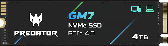 Predator GM7 4TB SSD: M.2 2280 PCIe Gen 4 x4 NVMe 2.0, Read Speed Up to 7400 MB/s, Internal PC Solid State Drive for Laptop, Desktop and PS5 - BL.9BWWR.120