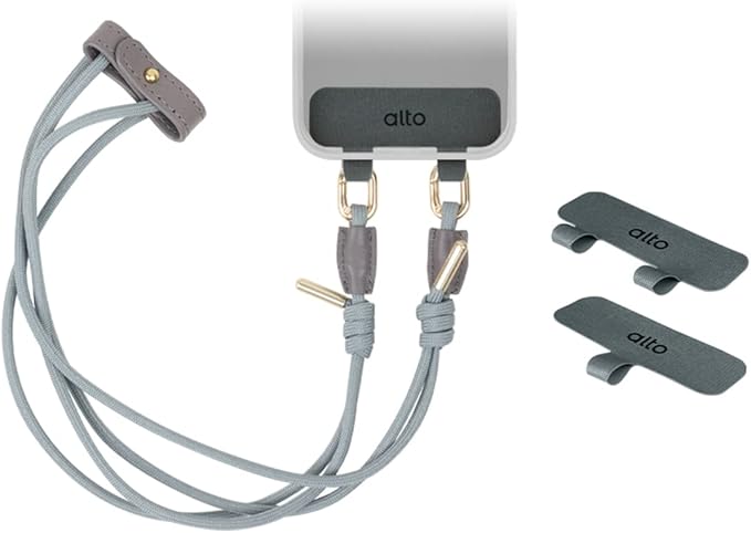 alto Crossbody Phone Lanyard: detachable patch, nylon strap with Italian leather pad, for iPhone and android full body phone cases (Cement Gray)