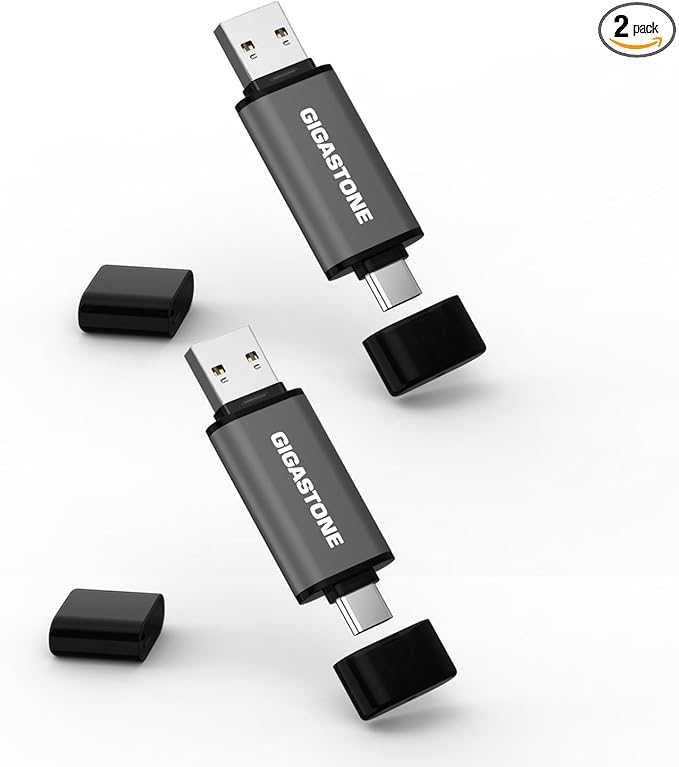 GIGASTONE 128GB Dual Flash Drive (2 Pack) Z40 USB 3.2 Gen 1, 2-in-1 Type-A & Type-C, 100MB/s Ultra Fast, Head Cap Design, Plug & Play for Smartphone/PC/Mac/TV/Car Audio, USB 2.0/3.0/3.1 Compatible