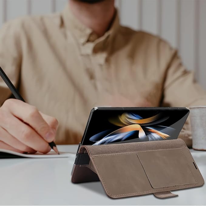KEZiHOME Genuine Leather Wallet Case for Samsung Galaxy Z Fold 4 [RFID Blocking] with Card Holder Kickstand Book Flip Folio Case - Gray/Brown