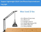 Overhead Tripod Mount for Camera Webcam Ring Light, Flexible Over Head Arm for iPhone with Phone Holder and Ball Head, Table Stand Accessory for Phone Video Recording Live Stream
