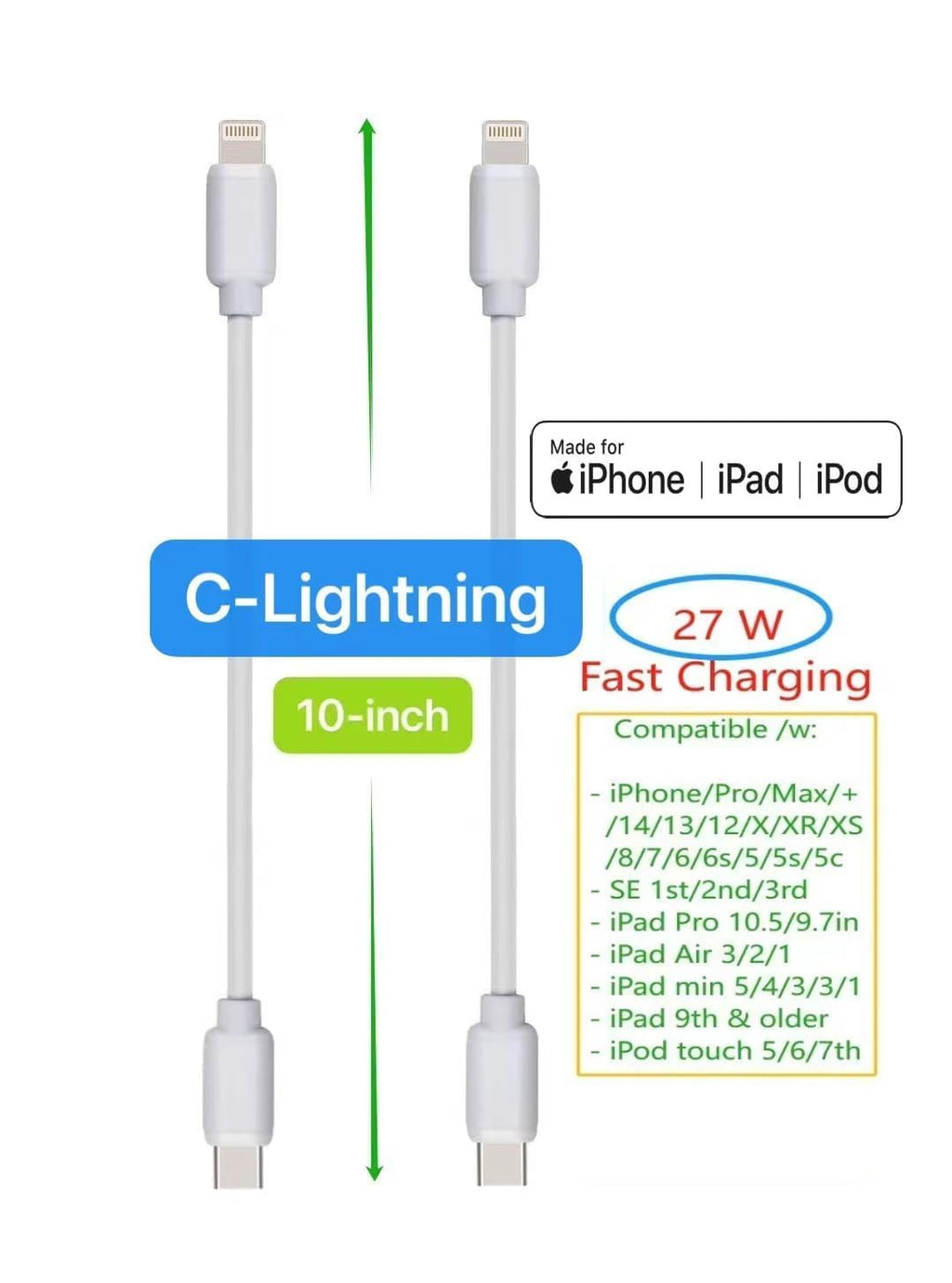 10-Pack Multi Short USB Cables & TypeC-C Cables for Charging Stations Compatible/w iPhone16/15, iPhone5-14/ iPads/iPad mini/iPad Pros/Samsung Moblies & Tablets/Pixel & Nexus/HTC/Sony(White)