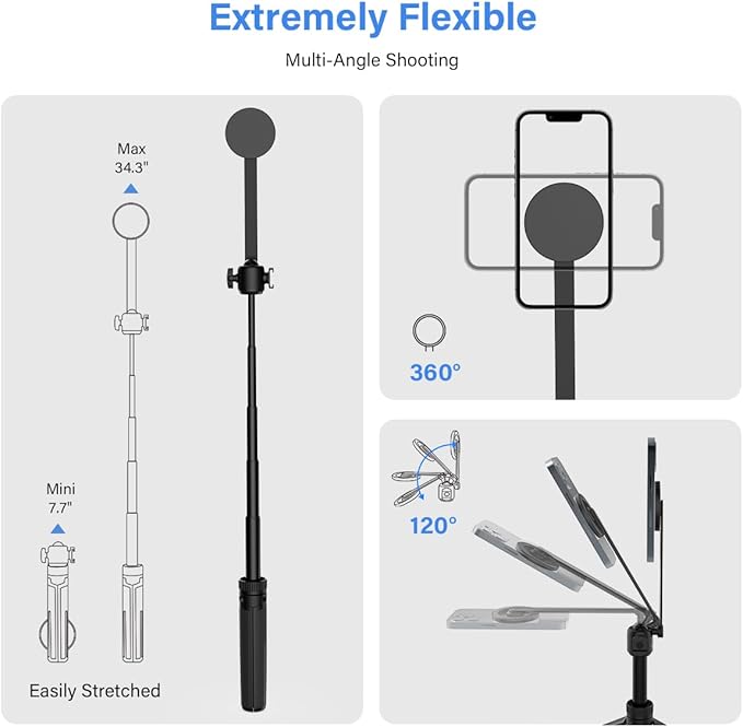 PHOPIK 35" Magnetic Selfie Stick Phone Tripod, Extendable Phone Tripod with Cold Shoe and Remote,Compatible with iPhone/Android/Sport Camera Perfect for Video Recording/Selfies/Insta360 x5（Black）