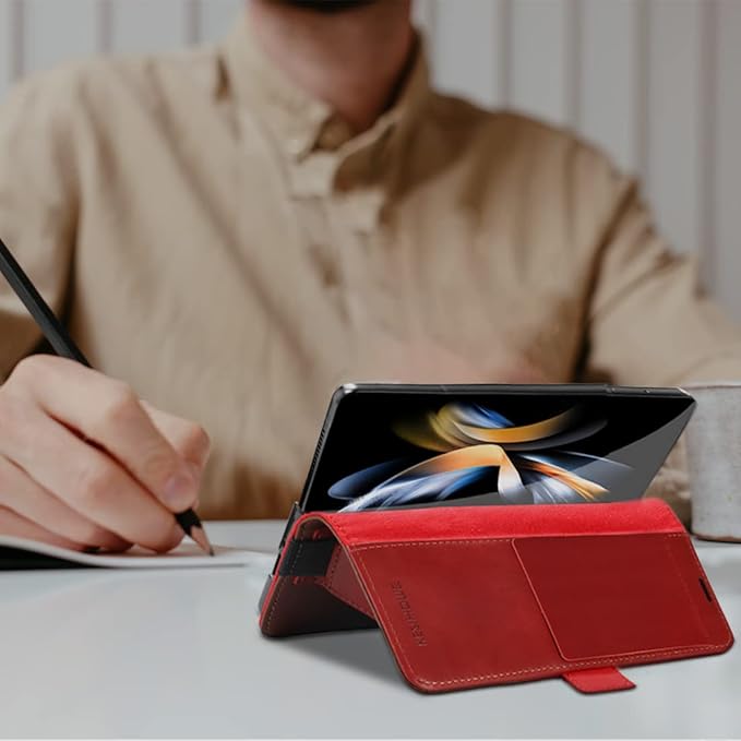 KEZiHOME for Galaxy Z Fold 4 Case, Genuine Leather Wallet Case [RFID Blocking] with Card Holder Kickstand Book Flip Folio Case Compatible with Samsung Galaxy Z Fold 4 (Red/Brown)