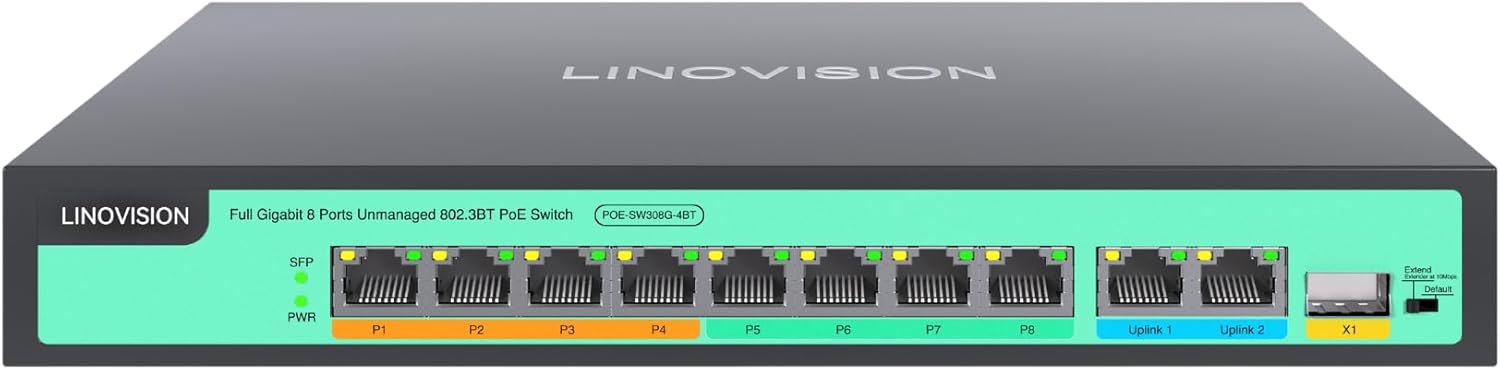 LINOVISION 8 Ports Full Gigabit PoE++ Switch, Built-in 120W Power with 4 BT 90W Ports & 4 at 30W Ports, Sufficient for All IEEE 802.3 af/at/bt Devices Including PTZ Cameras, AP, PoE Light...