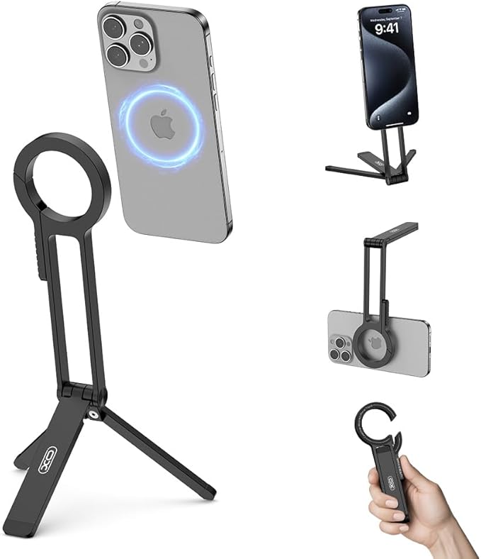Magnetic Phone Tripod Stand for iPhone,Adjustable and Foldable Mini Pocket Tripod,Strong Magnet Selfie Stick Stand for iPhone 16/15/14/13/12 and Mag Safe Cases