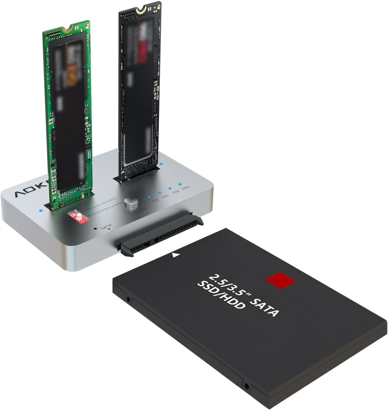 AOKO M.2 NVMe to M.2 SATA and 2.5”/3.5” SSD/HDD Clone Docking Station, USB-C 10Gbps Hard Drive Reader & Two-Way Offline Cloning Dock for M.2 SATA NVMe SSD +2.5/3.5 SATA Hard Drive Duplicator