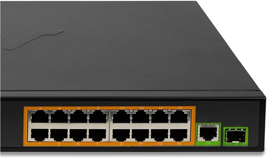 BV-Tech 16 Ports PoE+ Switch (16 Gigabit Ethernet Ports | 1 Ethernet +1 SFP Uplink) -230W - Fanless Desktop Design, Sturdy Metal Housing - 802.3af/at